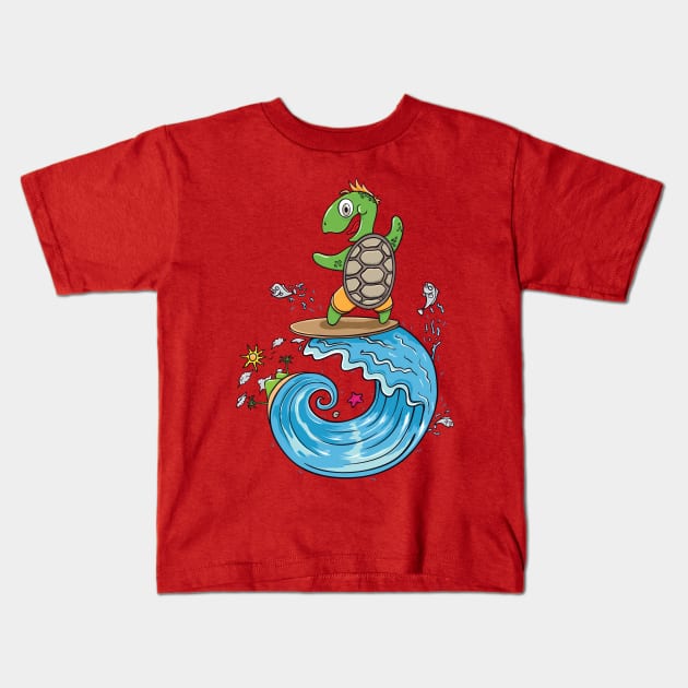 Surfing Turtle Kids T-Shirt by ginanperdana